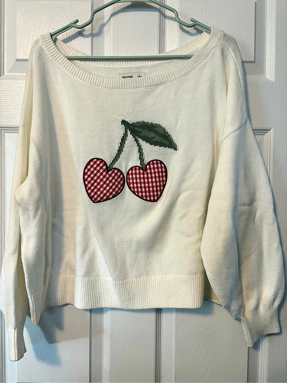 Hollister Off Shoulder Cherry Motif White Sweater